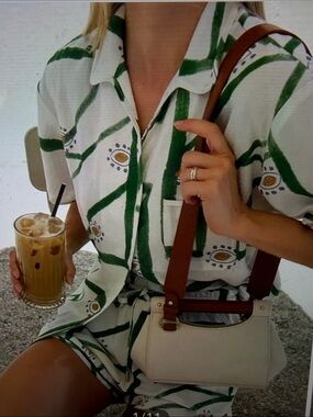 Commense White Short-Sleeve Button Shirt and Shorts with Green Geometric Print